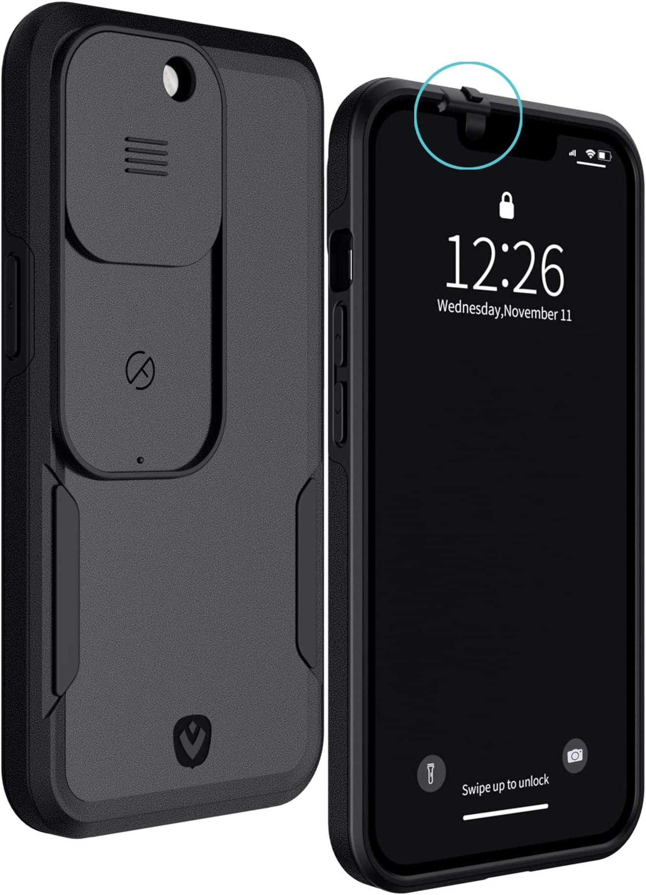 iPhone 13 Pro Case with Camera Covers Front and Rear | Protect Your iPhone and Privacy | 6-Foot Drop Proof | 6,1 Inch | Camera Protection by Valenta. Black