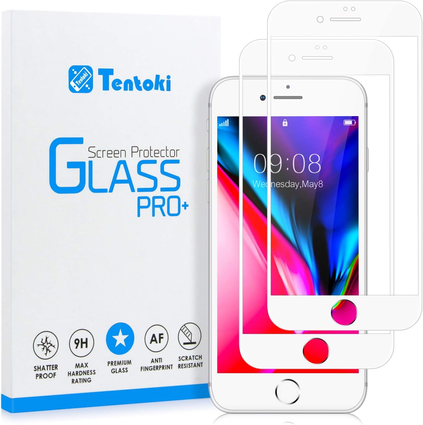 Tentoki iPhone 7/8 Screen Protector, [2 Pack] HD Full Coverage Tempered Glass Screen Protector, Anti-Scratch, Edge to Edge Protection Screen Film for iPhone 7/8 - White