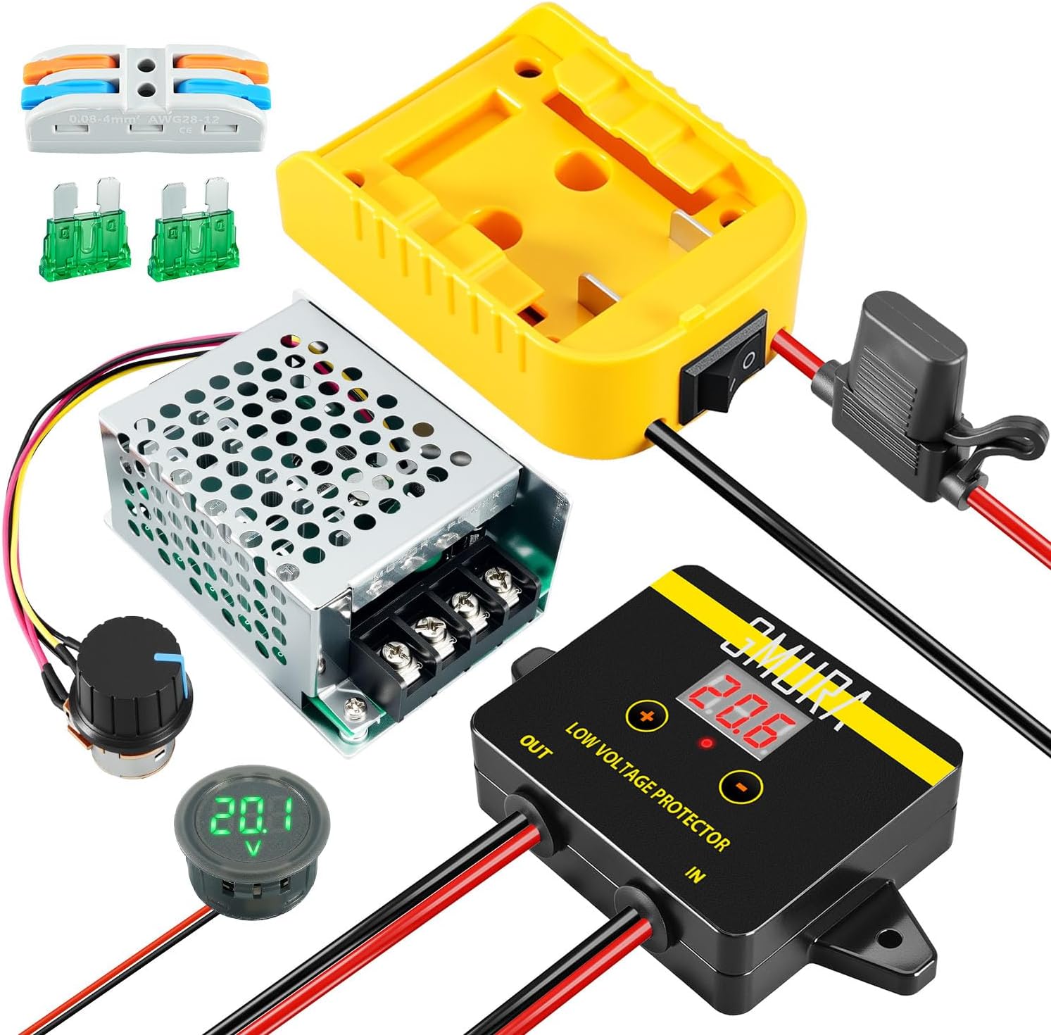 Power Wheel Battery Adapter Kit Fit for Dewalt 18V 20V Battery, DC PWM Motor Speed Controller with Fuse & Wire Terminals & Protective Box & Voltage Display & Low Voltage Protector