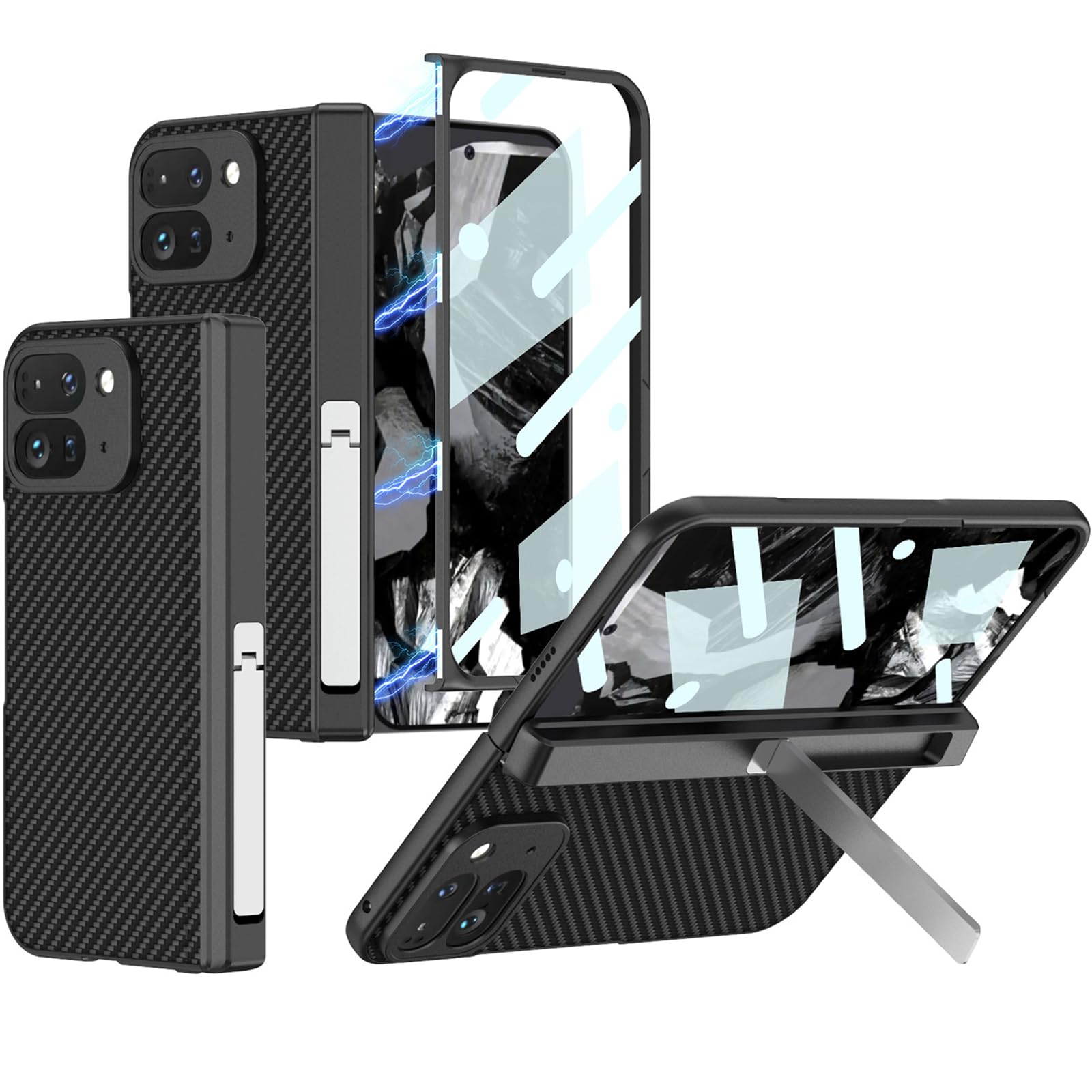 Ninki for Google Pixel 9 Pro Fold Case Carbon Fiber with Screen Protector, Heavy Duty Magnetic Hinge Protective Cover