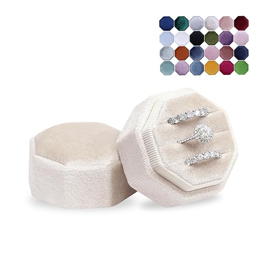 BLUTETE Velvet 3 Slots Jewelry Ring Box Engagement Wedding Box Keepsake Box Bridal Photo Ring Triple Slots Octagon (Champagne)