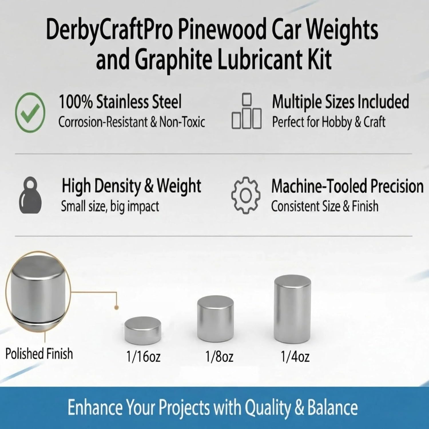 DerbyCraftPro Pinewood Car Derby Weights and Graphite Powder Kit, 3/8 Inch 5.25oz 36pcs Steel Cylinder Weights in 1/4 1/8 1/16 Oz, Lead-Free Car Weight Tuning for Wheels and Axles, 0.5oz Lubricant