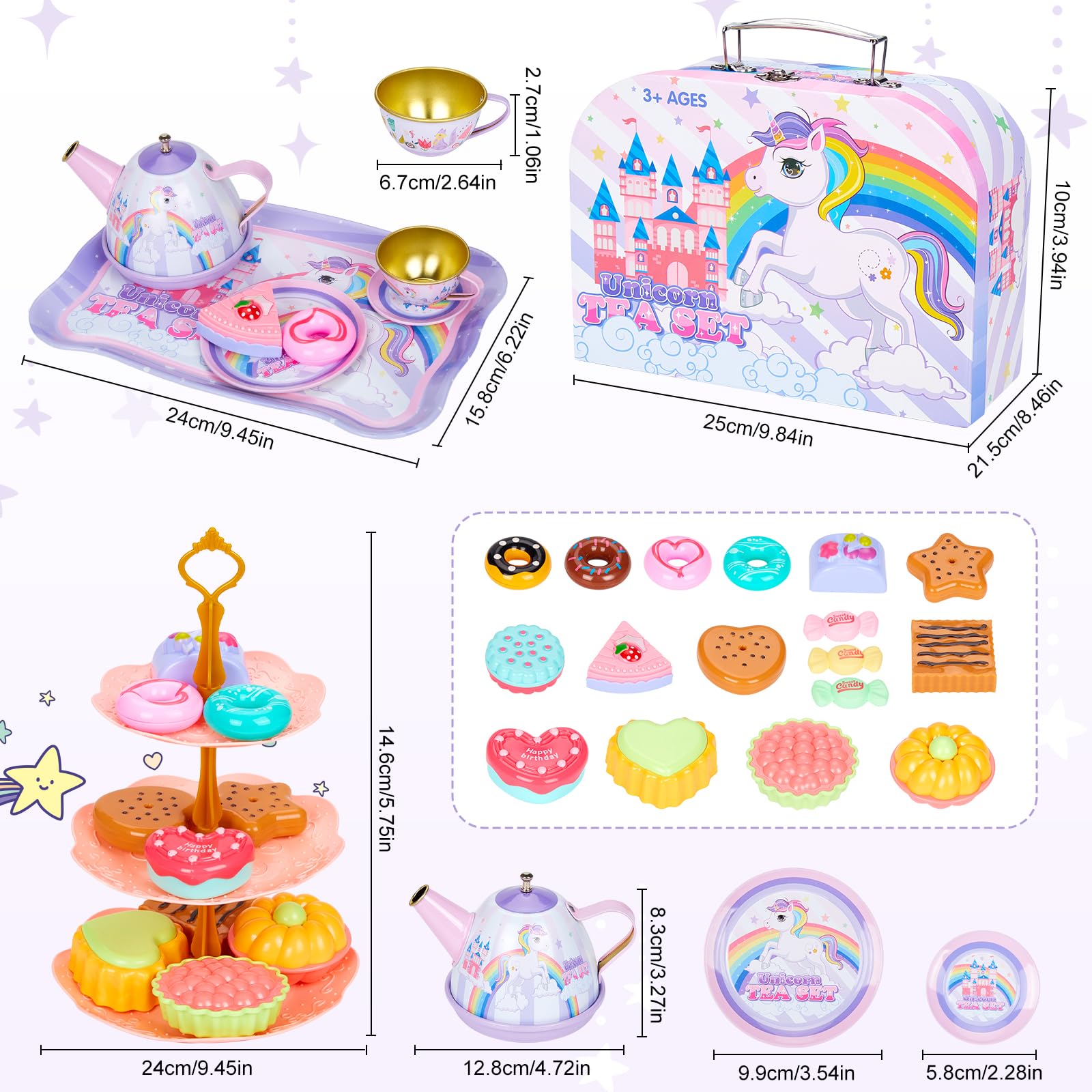 Set da tè per bambini, 33 PCS Set Cucina Bambini da Festa del tè con Vassoio per Cibo e Dessert Teiera Accessori da Cucina per Bambini Ragazze Gioco di Finzione,Unicorno