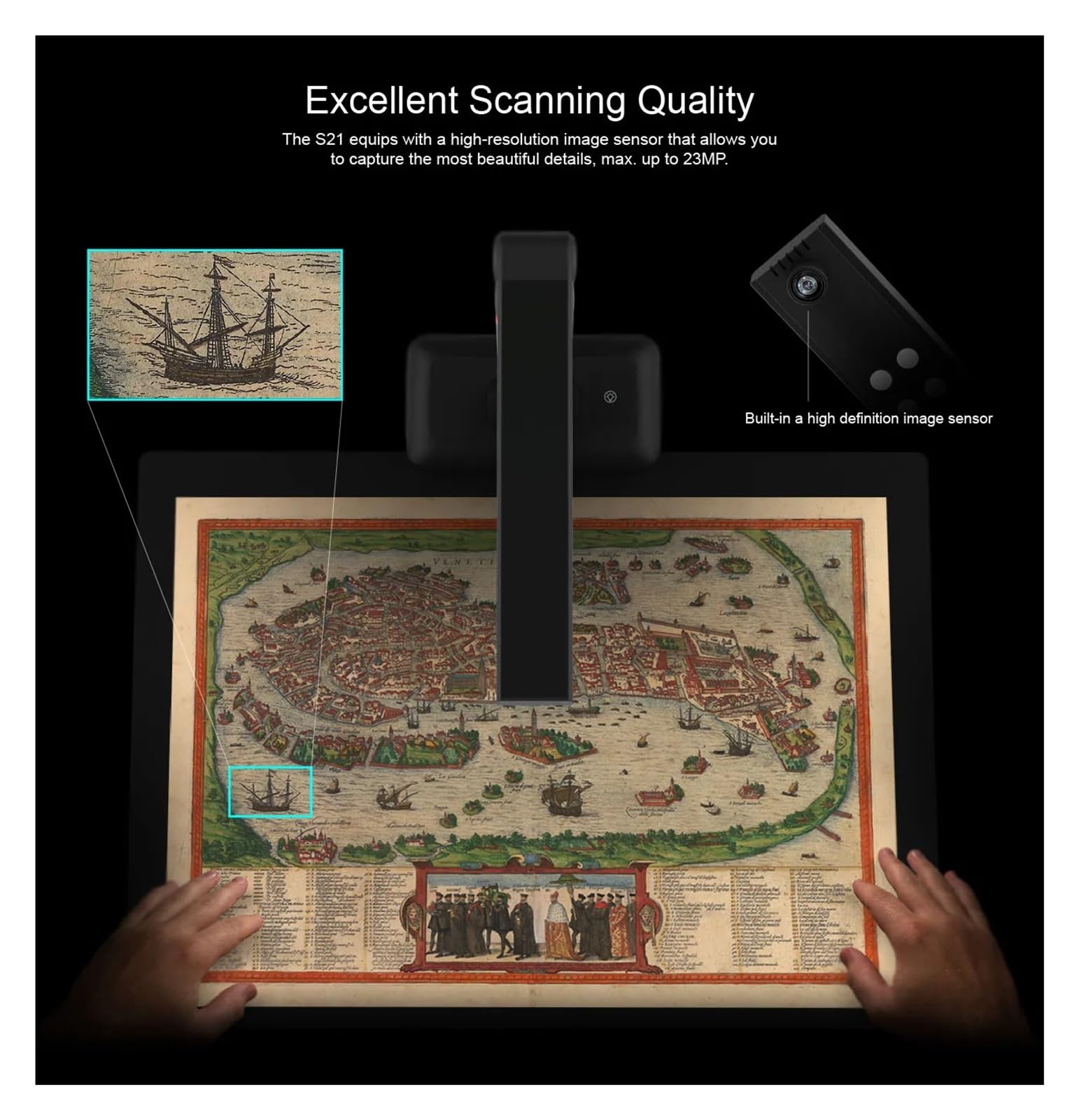 Scanner per documenti, Scanner da tetto for libri e documenti di grande formato A2/A3 Appiattimento automatico supporto ad alta risoluzione 23 MP