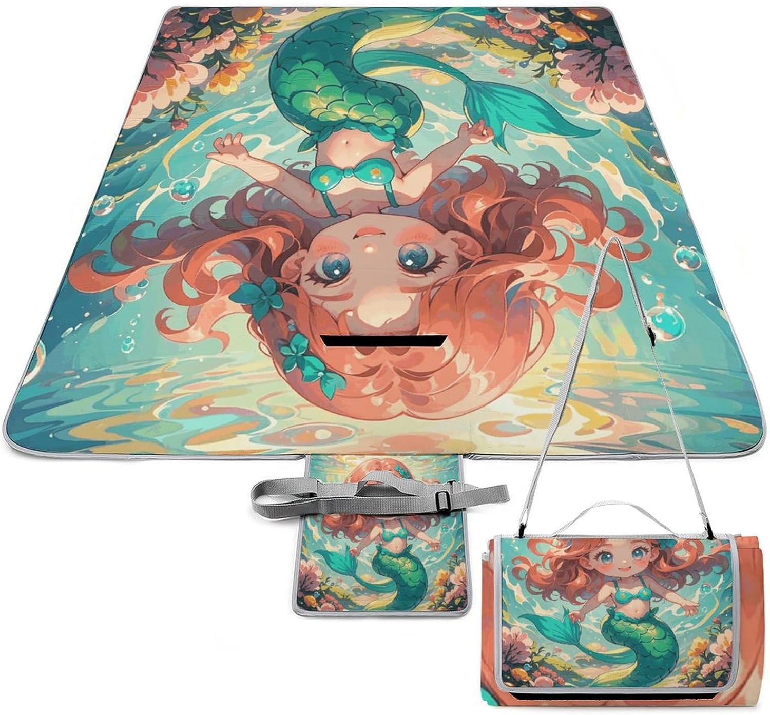 Outdoor Picnic Blanket Extra Large Beach Blanket Waterproof Picnic Mat Cartoon Mermaid Camping Blanket Portable with Carry Strap Park Blanket for Grass Camping Park