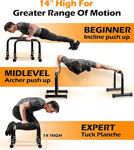 Miniatura 4 de TABEKE Barra de empuje hacia arriba, paraletas de acero de 14 pulgadas de alto y barra de inmersión con mango de espuma de cobertura completa,