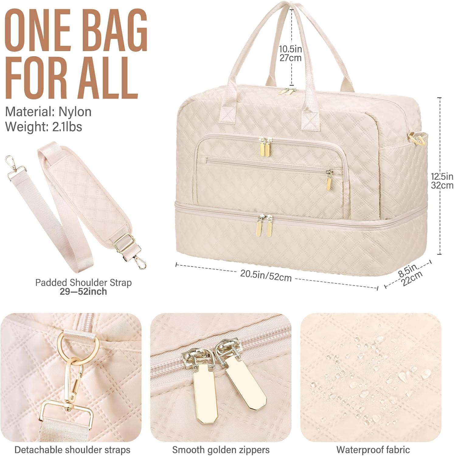 Large Travel Duffle Bag for Women,Carry on Overnight Bag Weekender Bags with Toiletry Bag Travel Bags for women with Shoe Compartment for Gym Business Trips Sport Hospital(Beige) - Image 2