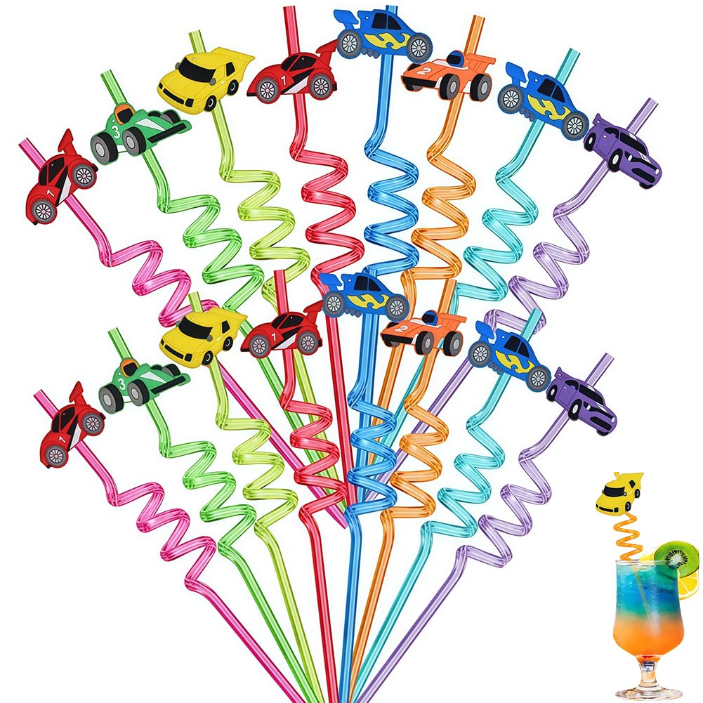 Car Curly Hard Straws, 16PCS Car Reusable Drinking Straws Washable Twisty Plastic Novelty Straw Cartoon Curly Straw Birthday Party Decorations for Family Gatherings,Juices and Smoothies