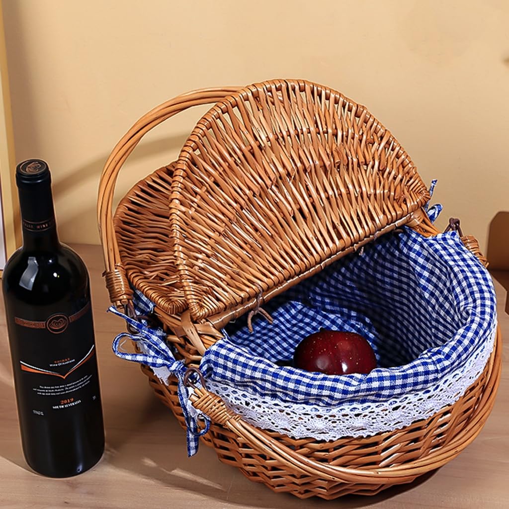 Cestino da picnic in vimini con coperchio pieghevole e manico, cestino da picnic di grande capacità per vacanze al mare, robusto corpo in tessuto con fodera lavabile per Pasqua, festa della