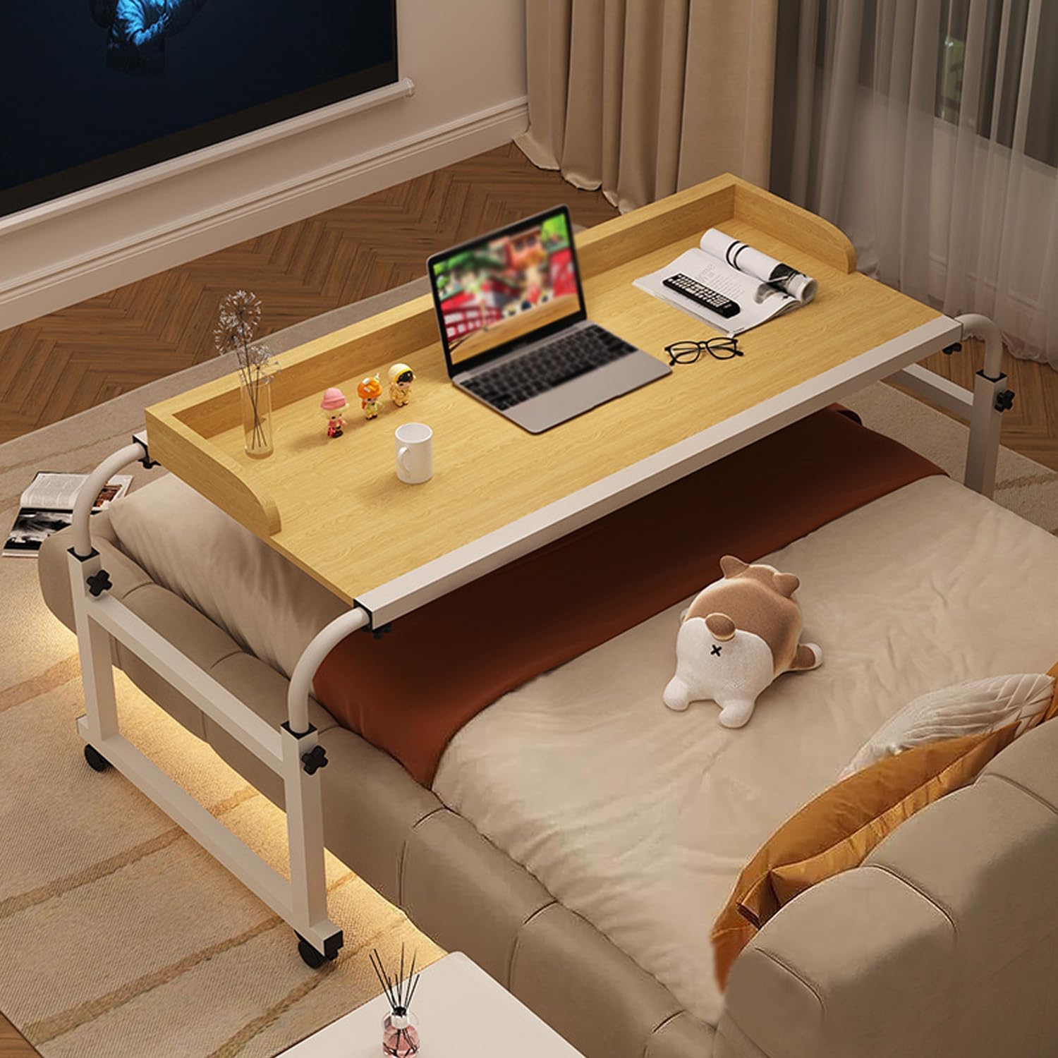 Bed Tables Overbed Tables，Laptop Bed Table Stand Adjustable Overbed Table On Wheels Adjustable Hospital Table Overbed Overbed Table Double Bed(Color:Wood+)