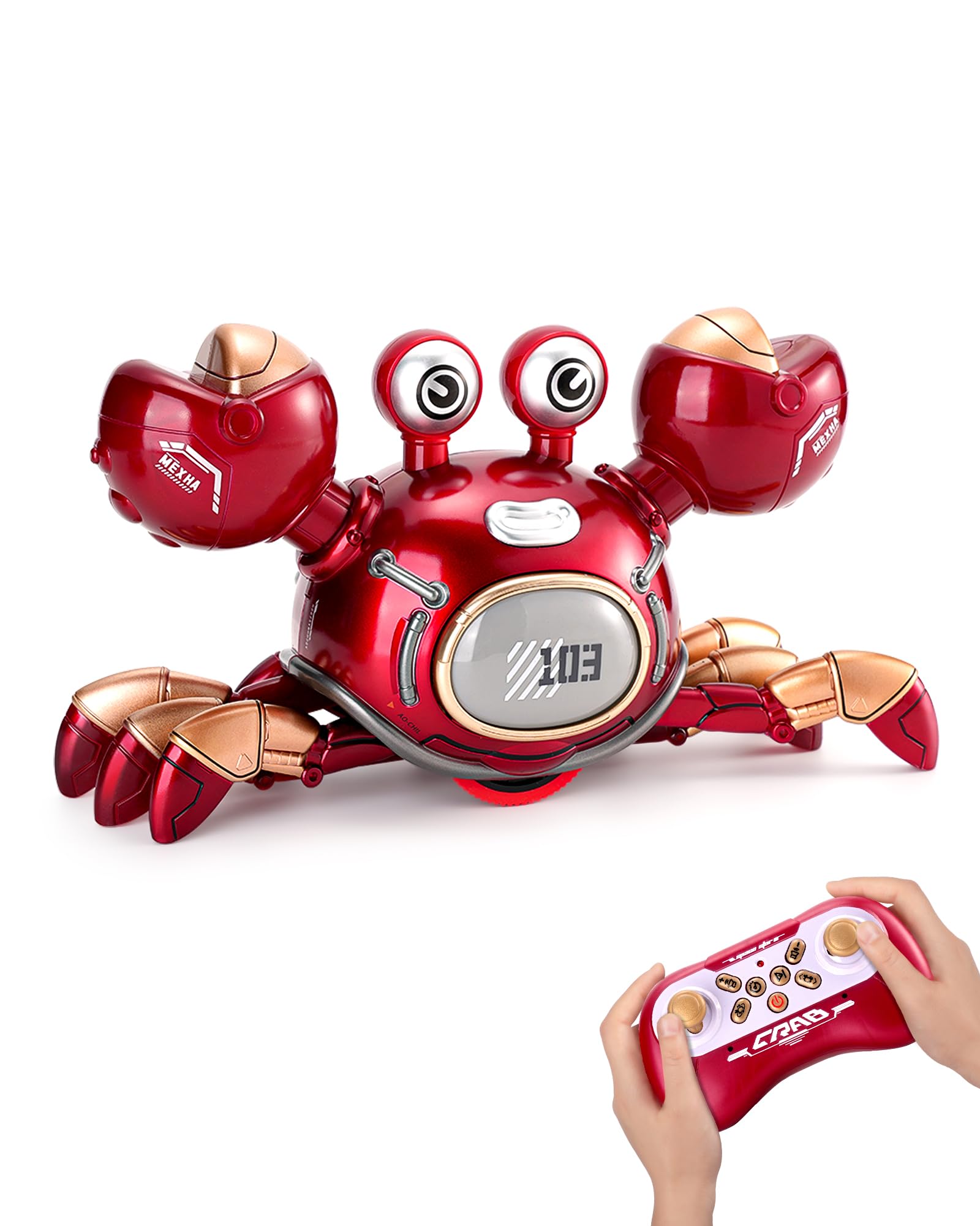 Kizmyee Cangrejo RC Mecha mit Musik und bunten Lichtern, um 360 Grad drehbares ferngesteuertes Spielzeug, geeignet für Kinder AB 3 Jahren, krabbelndes Musikspielzeug für Jungen und Mädchen