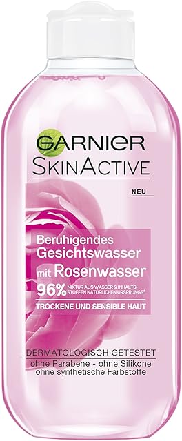 Garnier Odświeżający tonik do twarzy z wodą różaną, delikatne oczyszczanie dla suchej i wrażliwej skóry, Skin Active, 200 ml