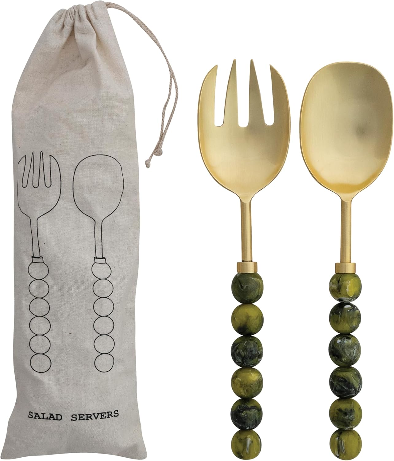 Creative Co-Op Stainless Steel Salad Spoon And Fork Server w/Ball Handles, Green