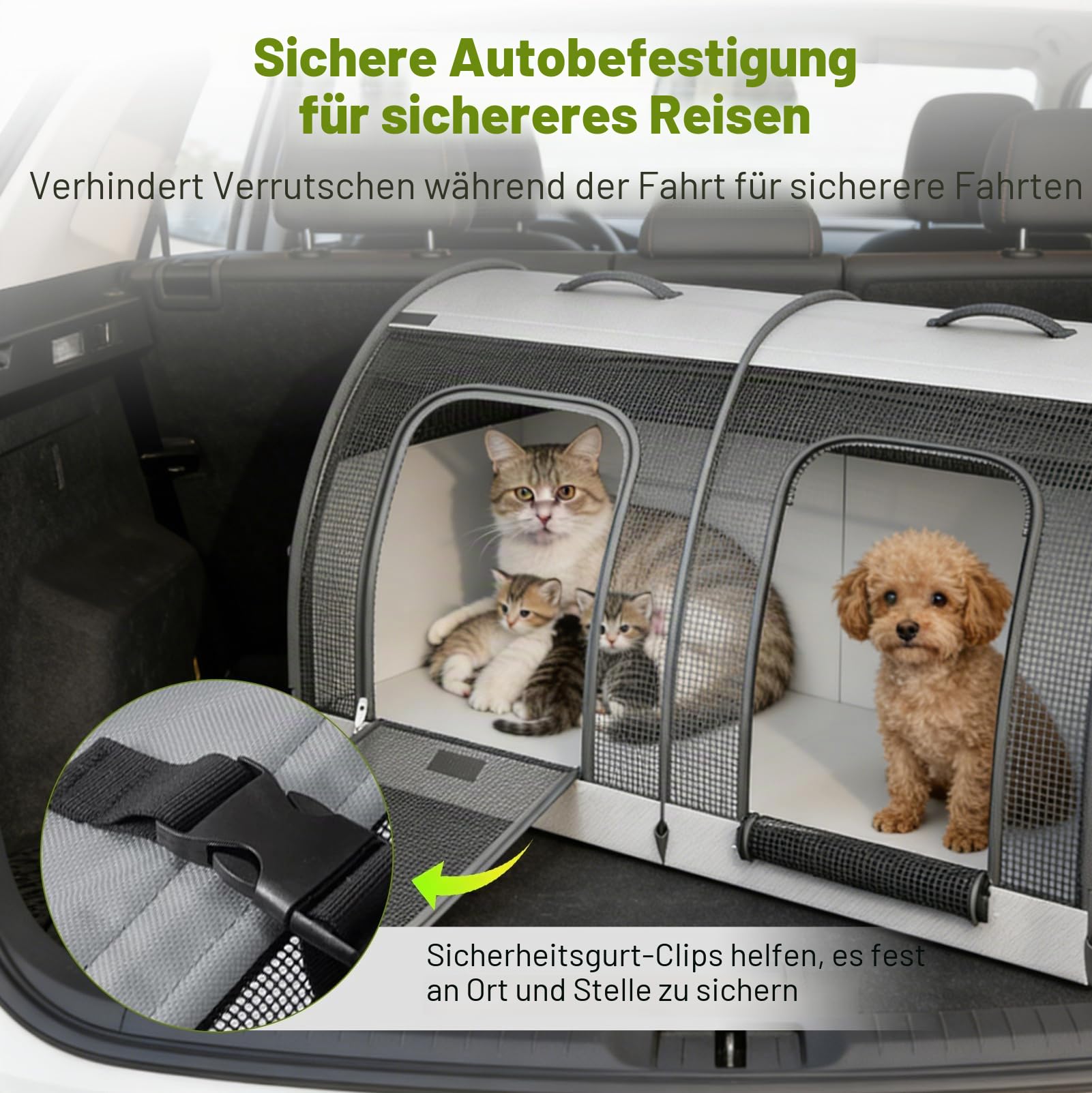 Faltbare Hundebox Auto, Transportbox Katze mit Zwei Türen, Atmungsaktiver Tragbarer Hundetransportbox Auto, Hunde Autositz für Haustiere, 100 × 50 × 50 cm Großer Raum, mit Sicherheitsgurt-Clips
