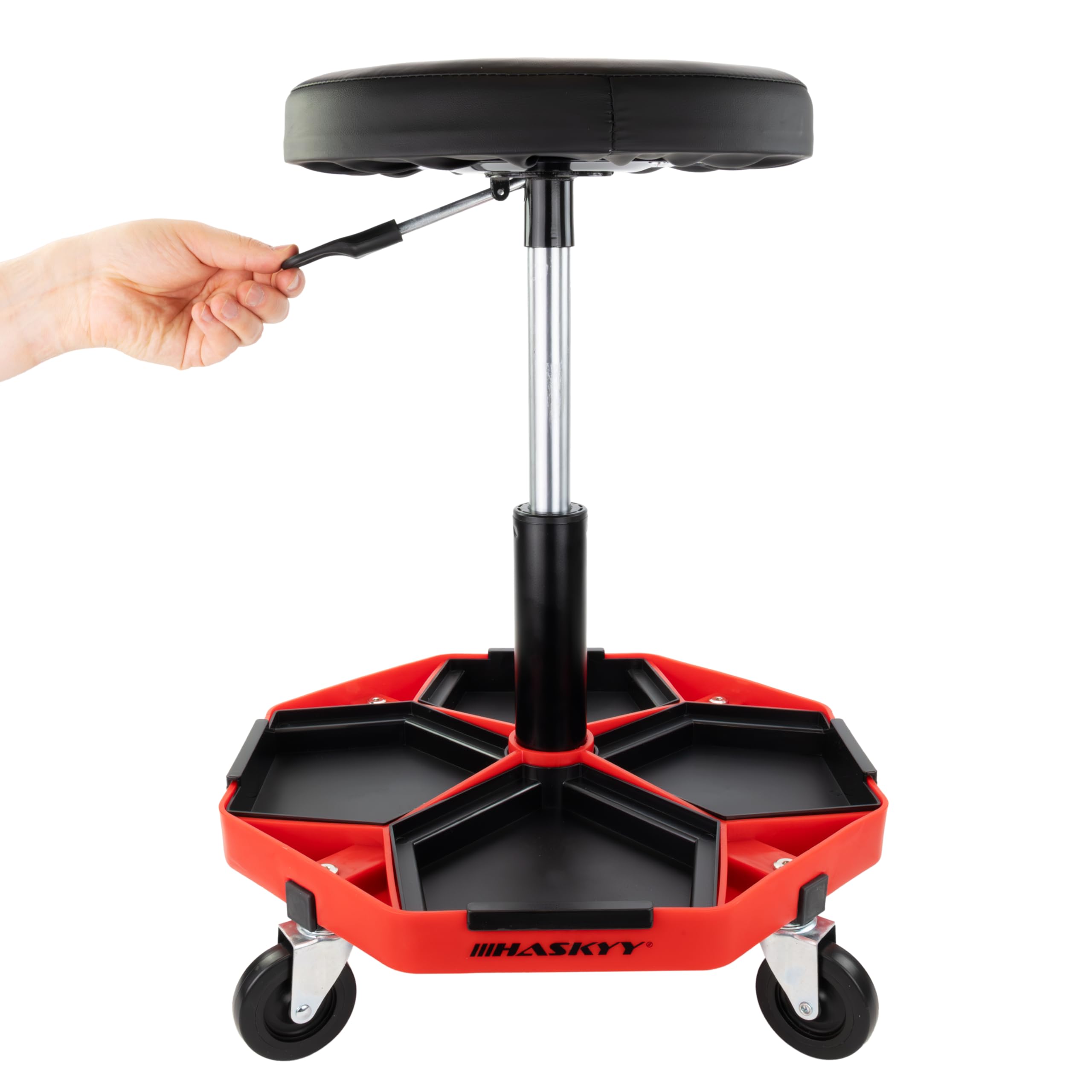 HASKYY Werkstatthocker Arbeitshocker Praxishocker 43-58cm - Bis 150kg belastbar - Gepolsterter Werkstattsitz mit 360° Rollen & Ablagefächern Schwarz/Rot