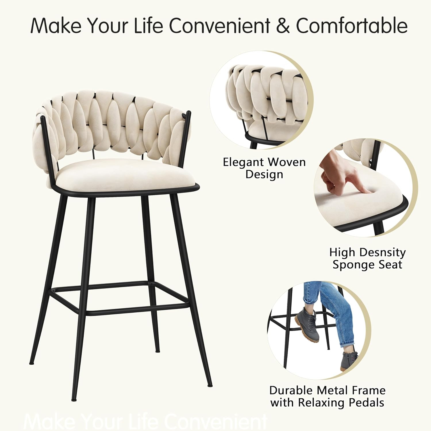ALISH 30 Inch Bar Stools Set of 4,Upholstered Barstools with Woven Back and Footorest Velvet Modern Bar Chairs for Kitchen, Dining Room (Ivy, Set of 4)