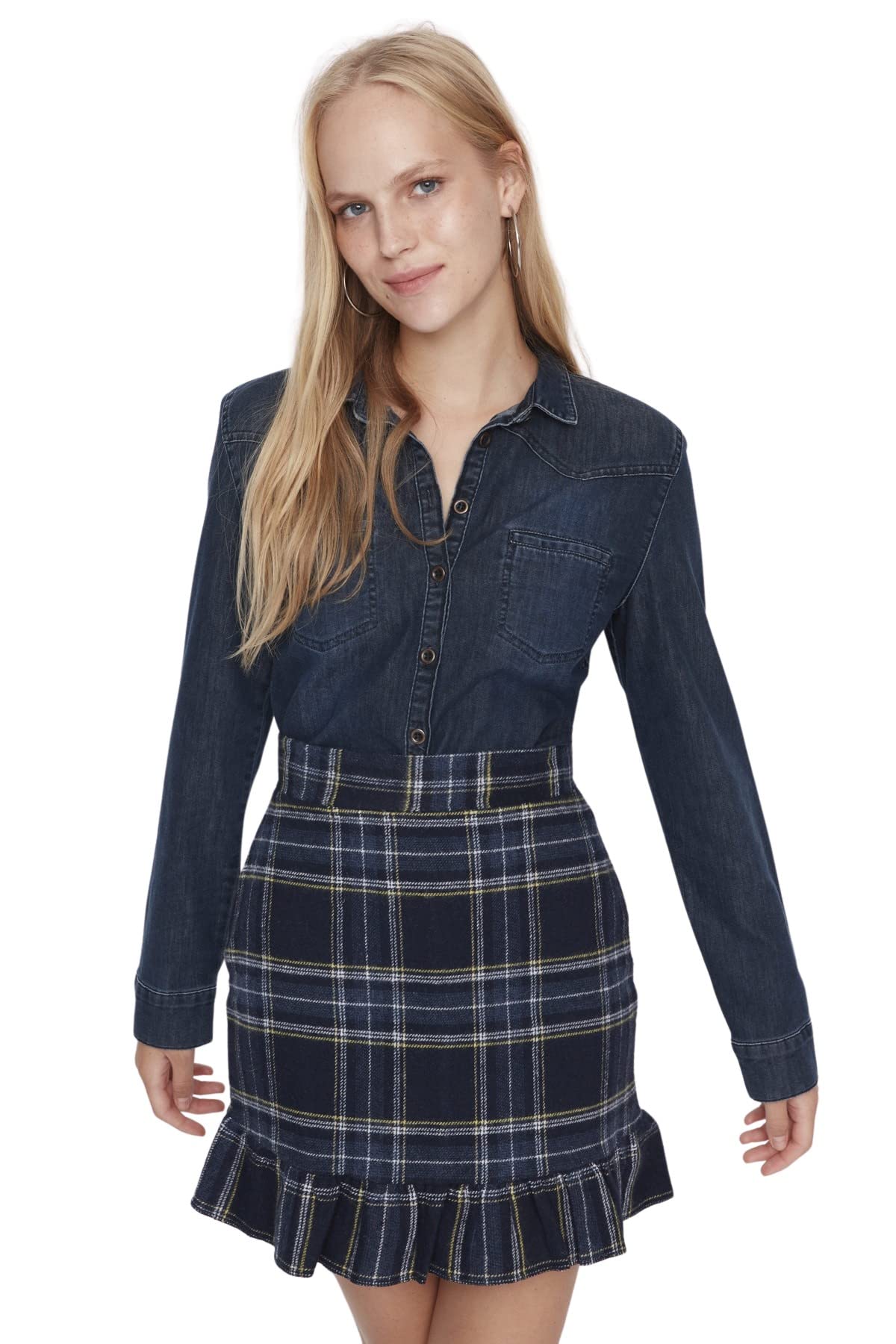 Trendyol Damen Mini Gerüschter Saum Meerjungfrau-Linie Webstoff Skirt, Blau, 42
