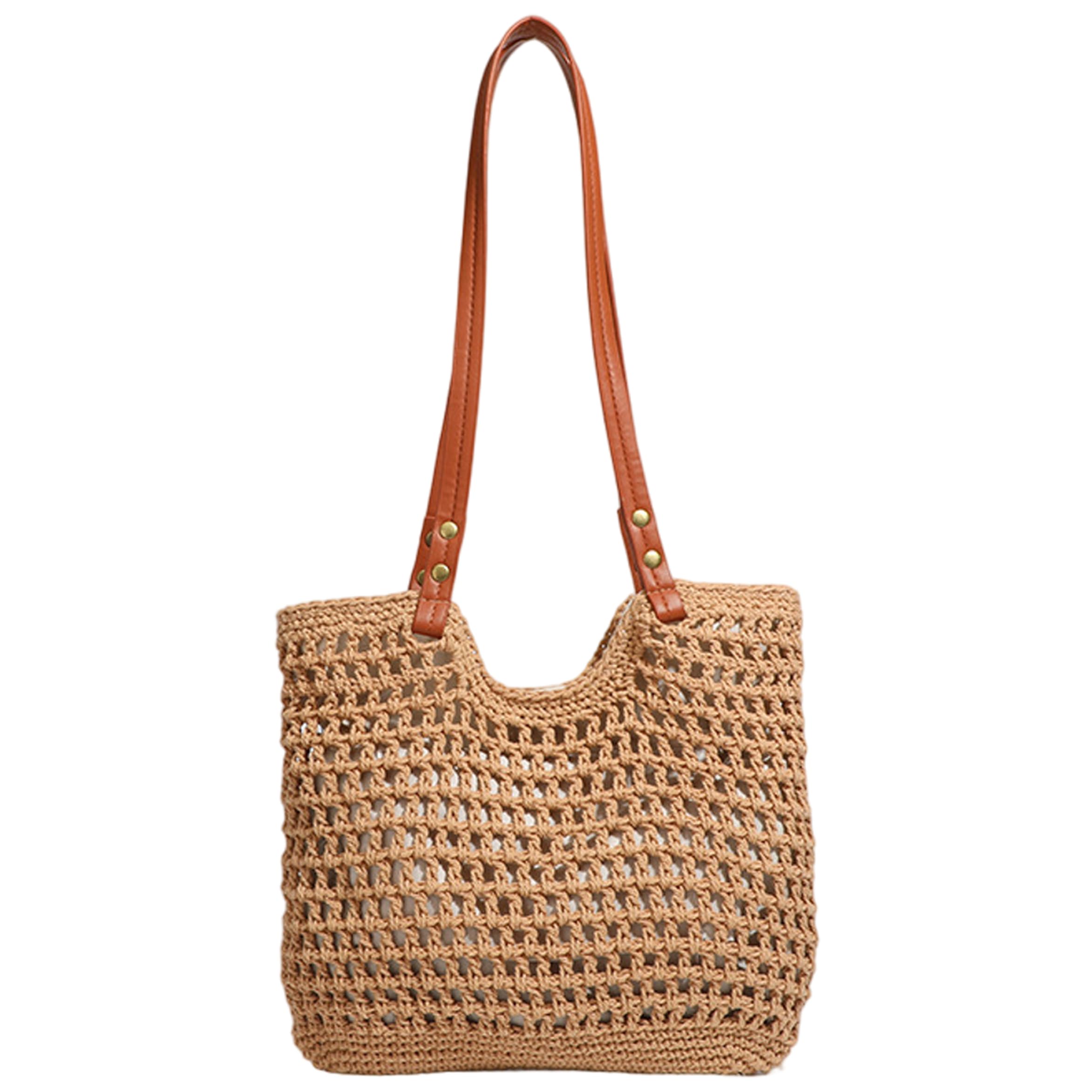 Borsa da Spiaggia Boho all'Uncinetto di capacità per Donna, Borsa in Tessuto con Cinturino in Pelle, di Paglia Fatta a Mano per Vacanze estive, Viaggi, Picnic