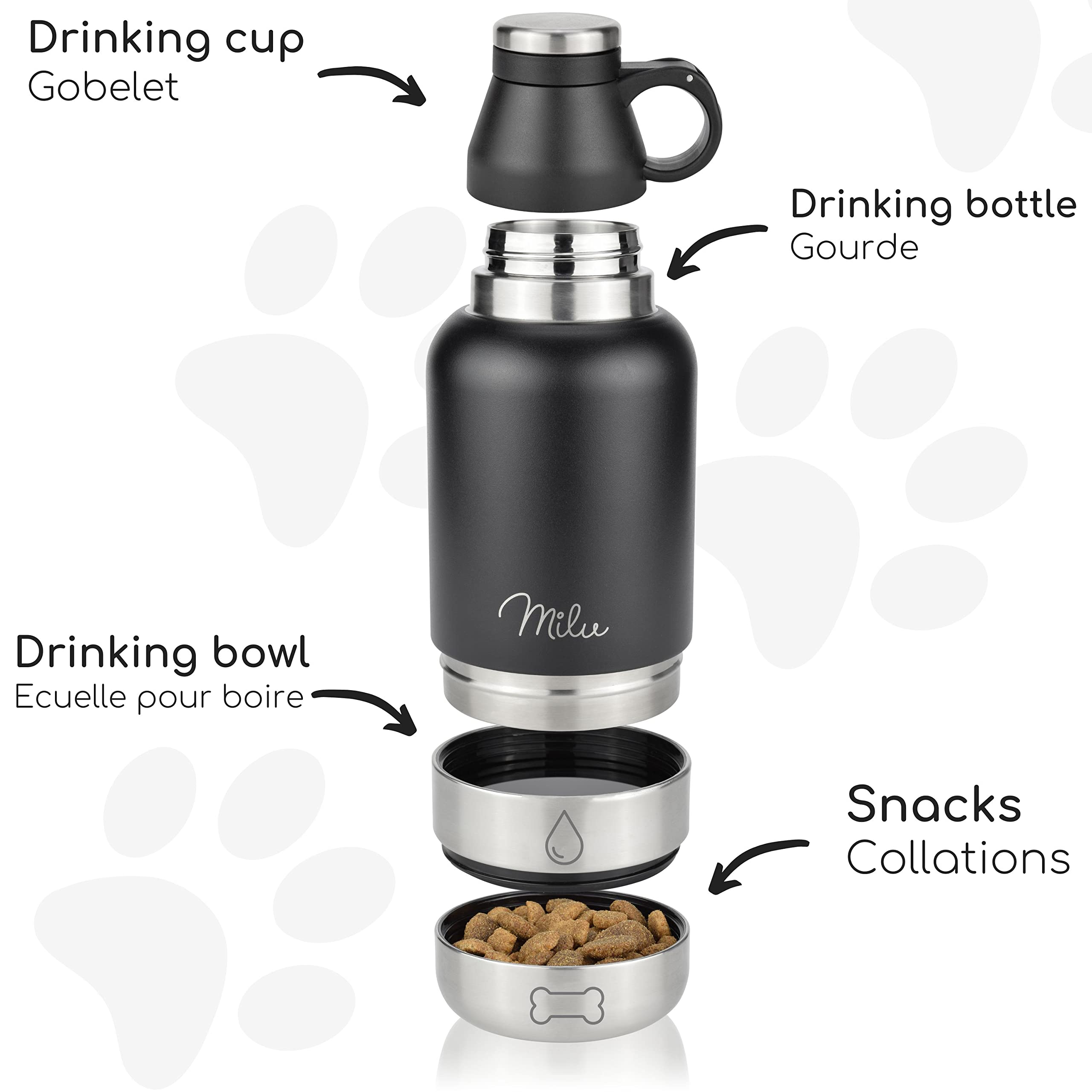 Milu Bouteille d'eau pour Chiens 950ml - Bouteille d'eau avec écuelle, Bouteille d'eau pour Chiens isolée en Acier Inoxydable, Bouteille pour Chiens avec récipient de Nourriture