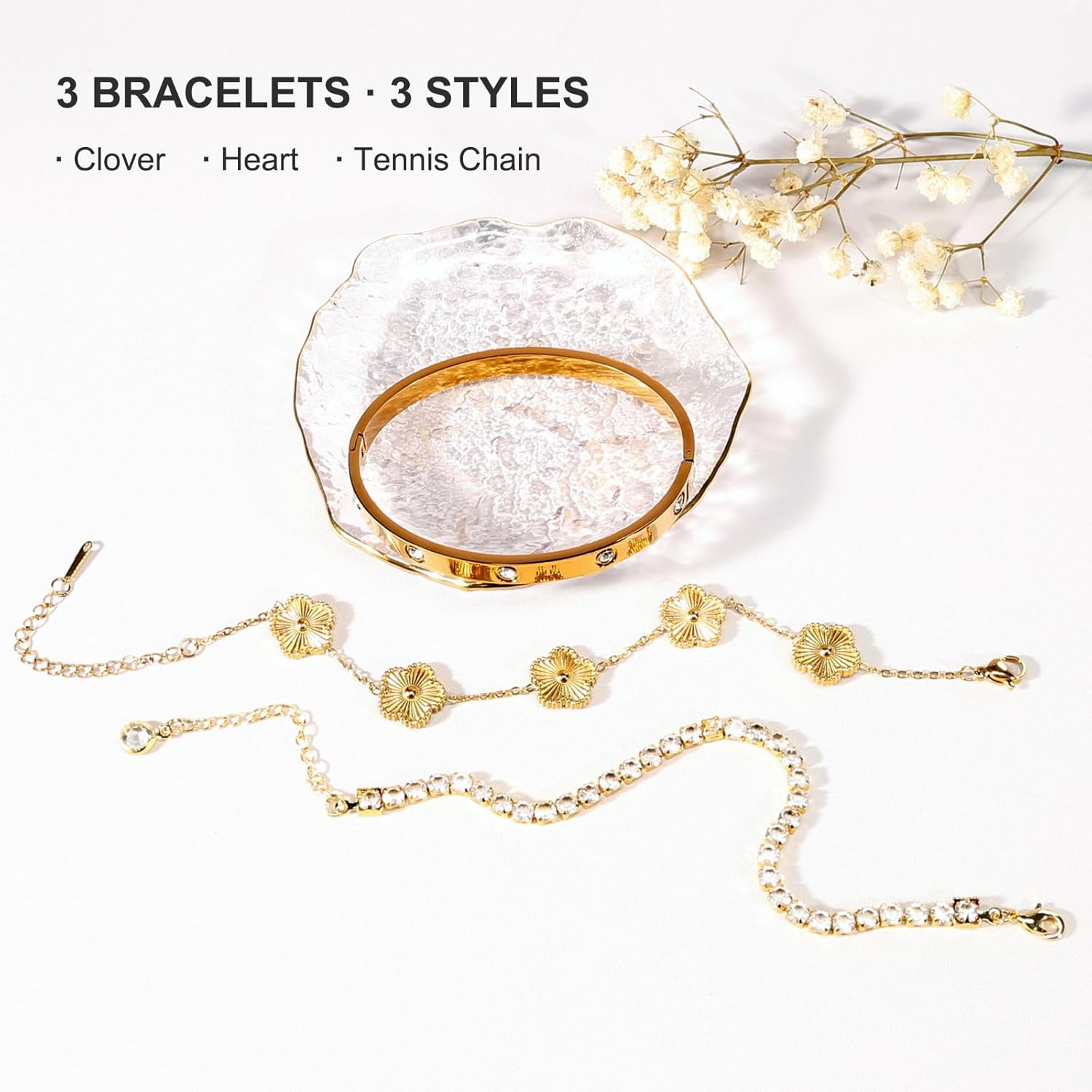 YOUNGGRACE 18K Gold Plated Bracelet Sets for Women - 3PCS Stackable Bracelets Including Bangle, Tennis Chain & Four Leaf Clover Bracelet, Elegant Gold Jewelry Set for Everyday Wear, Gift for Her - Image 5