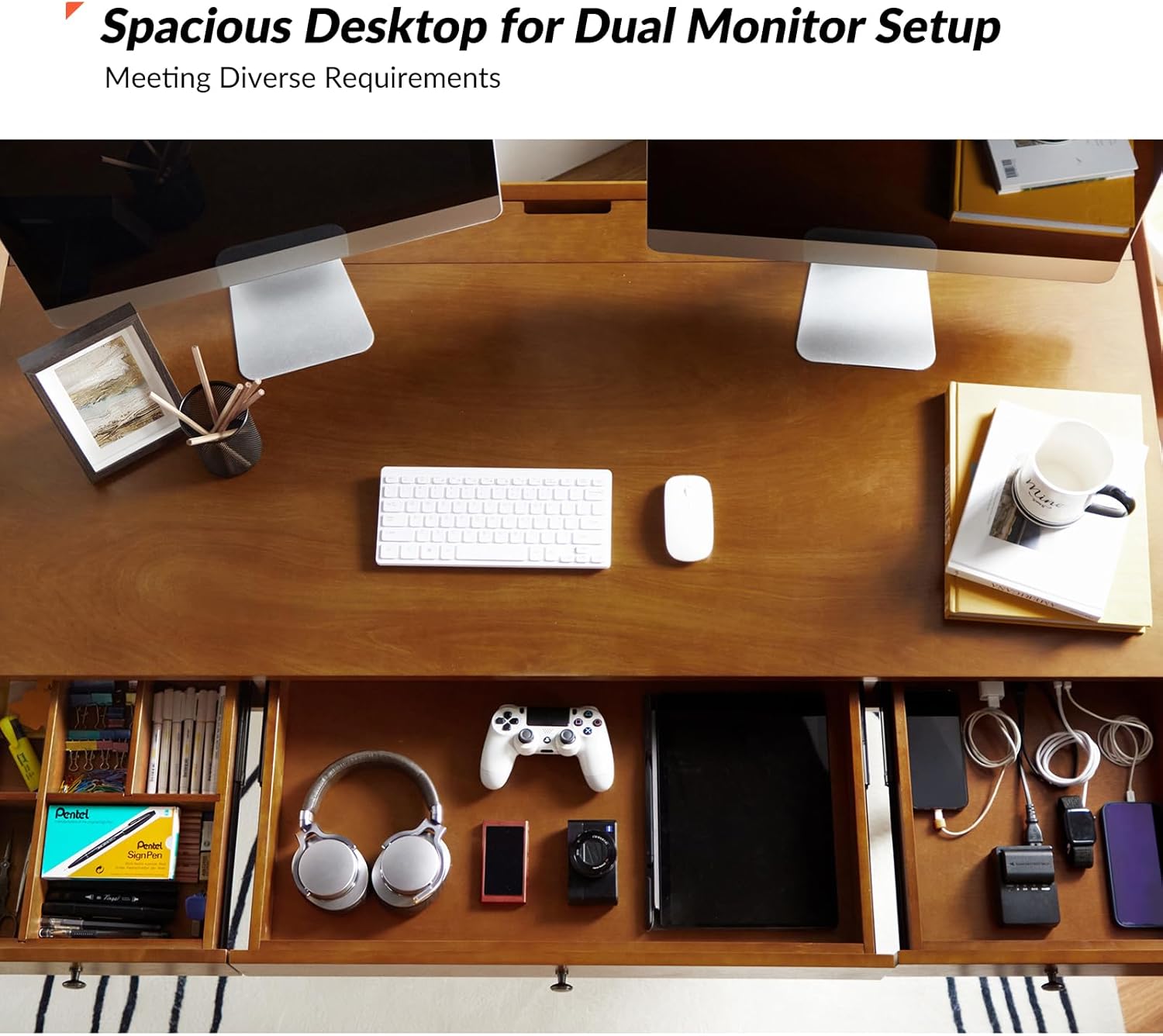 HULALA HOME Home Office Desk with 3 Drawers & Solid Wood Legs, Writing Table with Charging Station & Cable Management, Mid Century Modern Desk for Bedroom/Living Room/Study/Workstation, Walnut