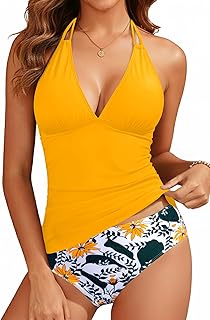 Yonique Womens Two Piece Bathing Suit Halter Deep V-Neck Swimsuit Ruched Tummy Control Tankini Set Yellow S Price In India