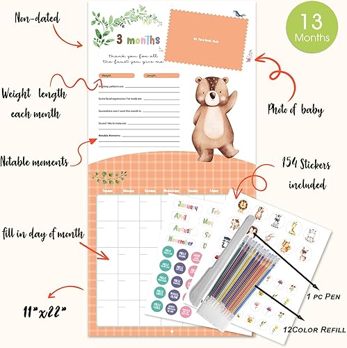 Miniatura 3 de Bright Day - Calendario del primer año del bebé con calcomanías – Rastreador de 1er año – Libro de recuerdos de bebé para niñas para documentar y