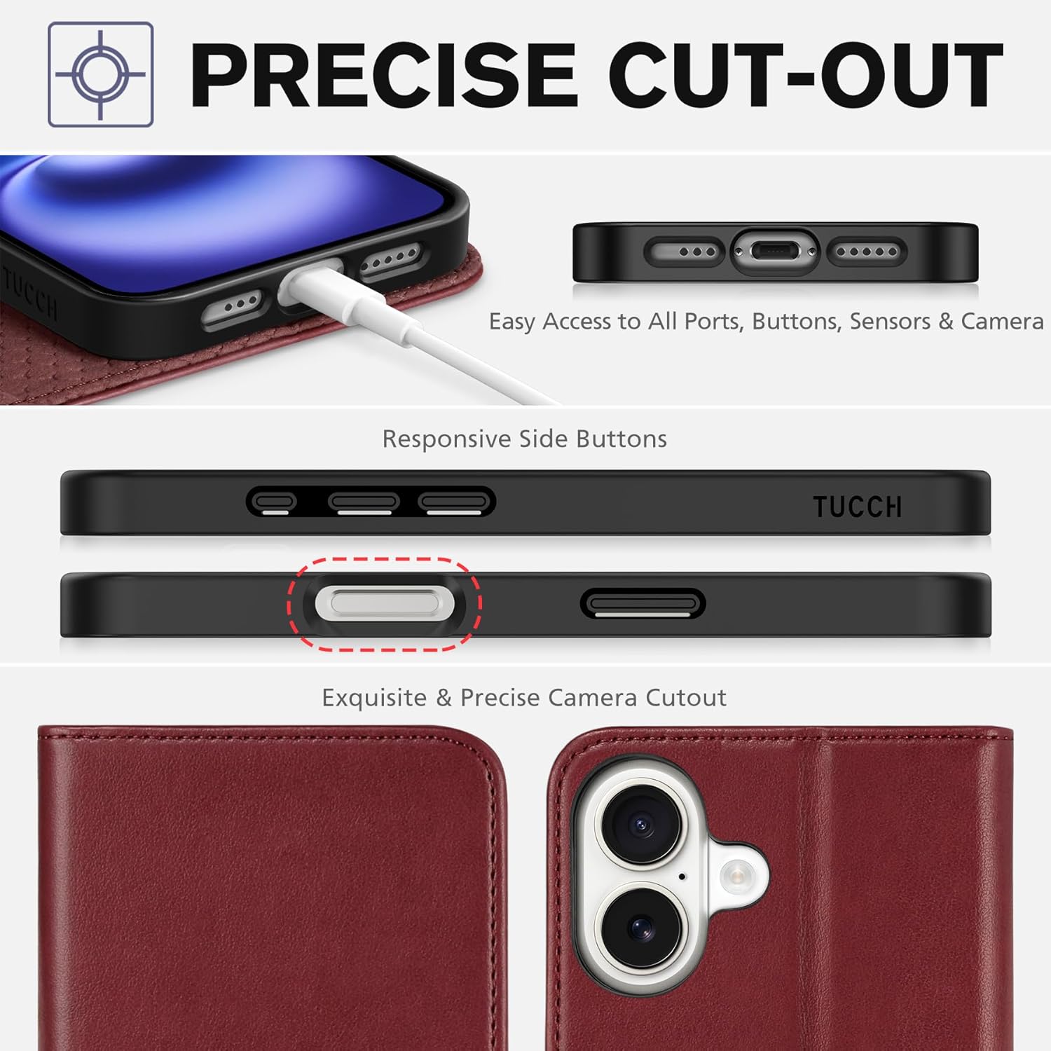 TUCCH Case Wallet for iPhone 16, PU Leather Flip Stand Folio Cover with [RFID Blocking] [3 Credit Card Slot] Shockproof [Soft TPU Interior Shell] Compatible with iPhone 16 2024, Dark Red