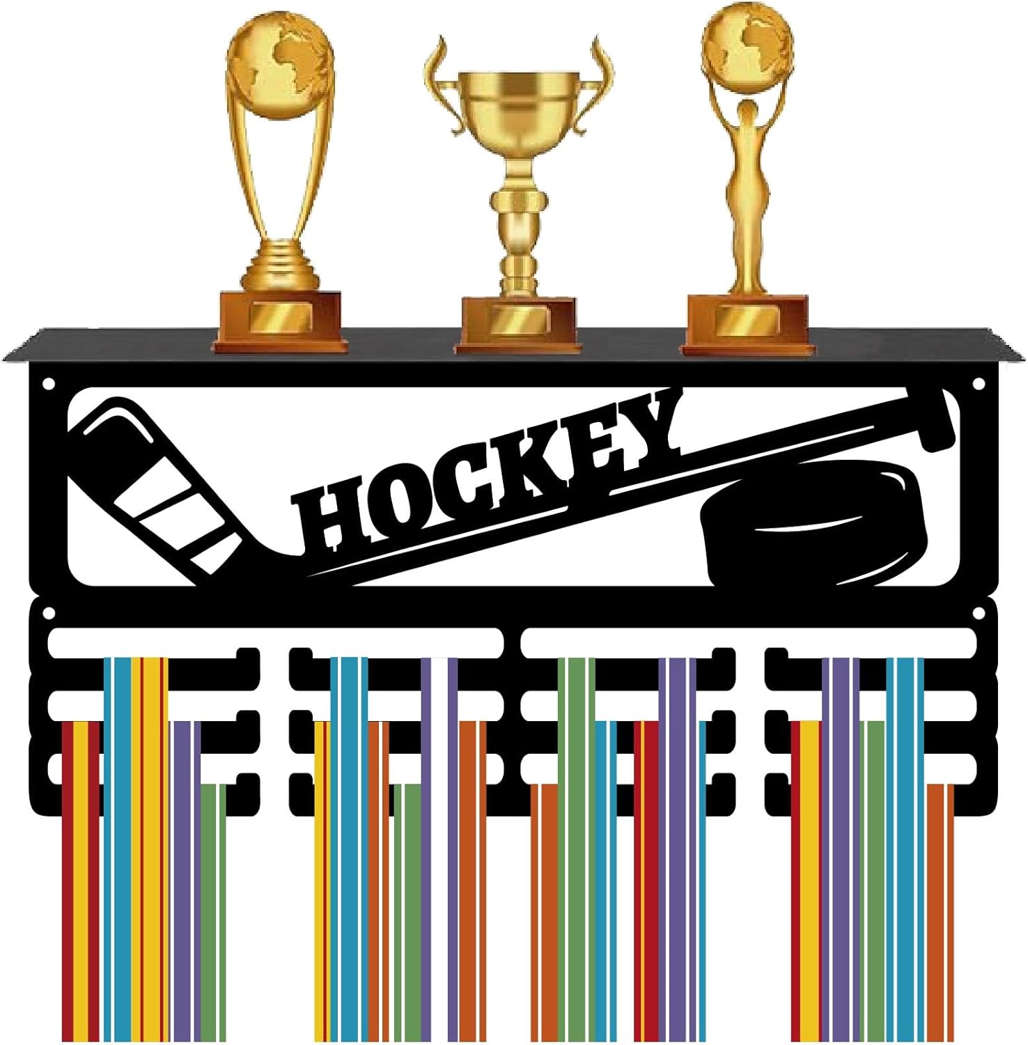 CREATCABIN Hockey Medal Holder Trophy Shelf Display with 12 Hooks Sports Black Medals Display with Shelf Awards Medal Hanger Rack for Hanging 60+ Medals Wall Mounted Medalists 15.7x8x4Inch