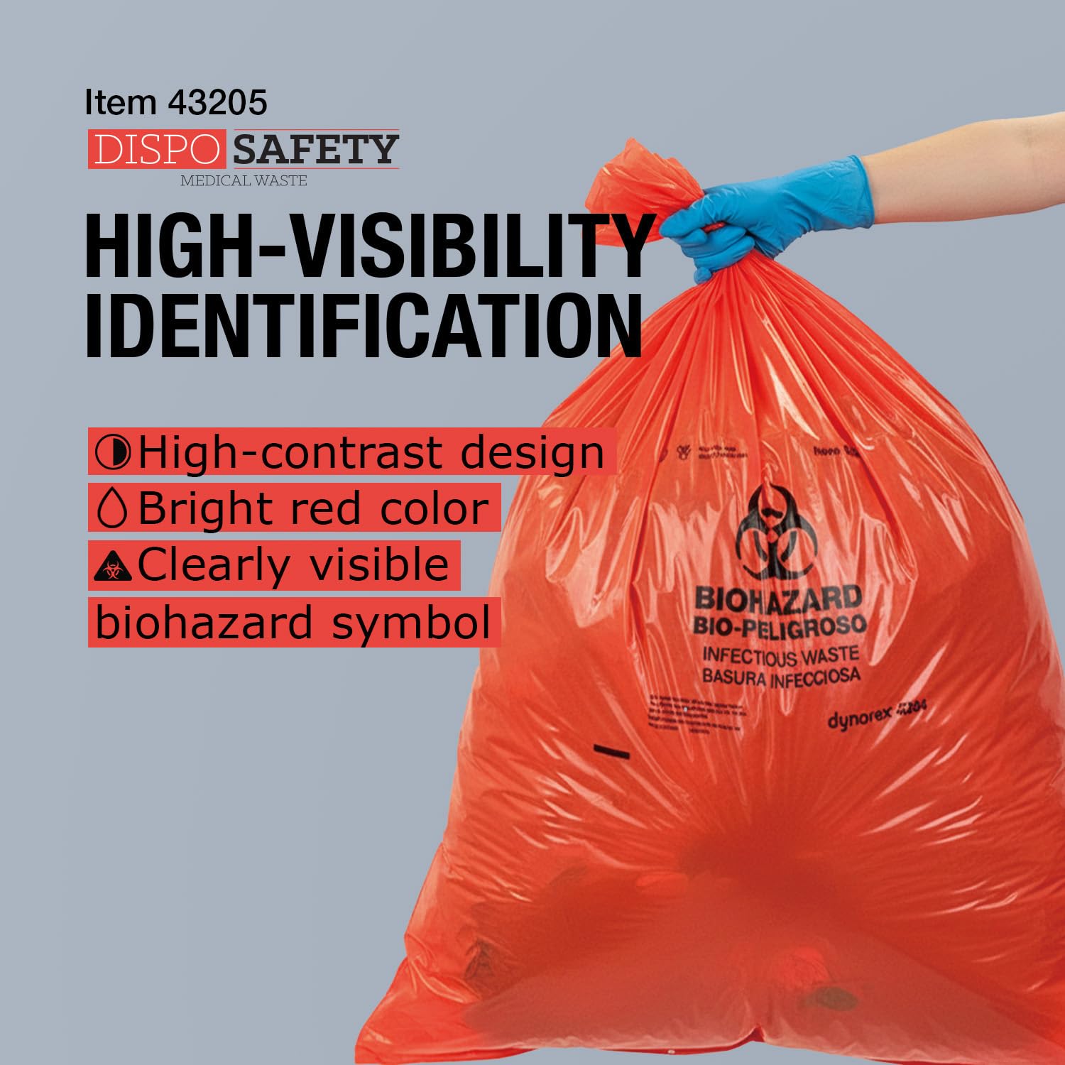 Dynarex Dispo Safety Biohazard Bags - Red-Orange - Biohazard Bags for Safe Waste Disposal, Durable Plastic, Bilingual Warnings - 3 mil, 45 Gallons, 40" x 46", 75 Bags per Case