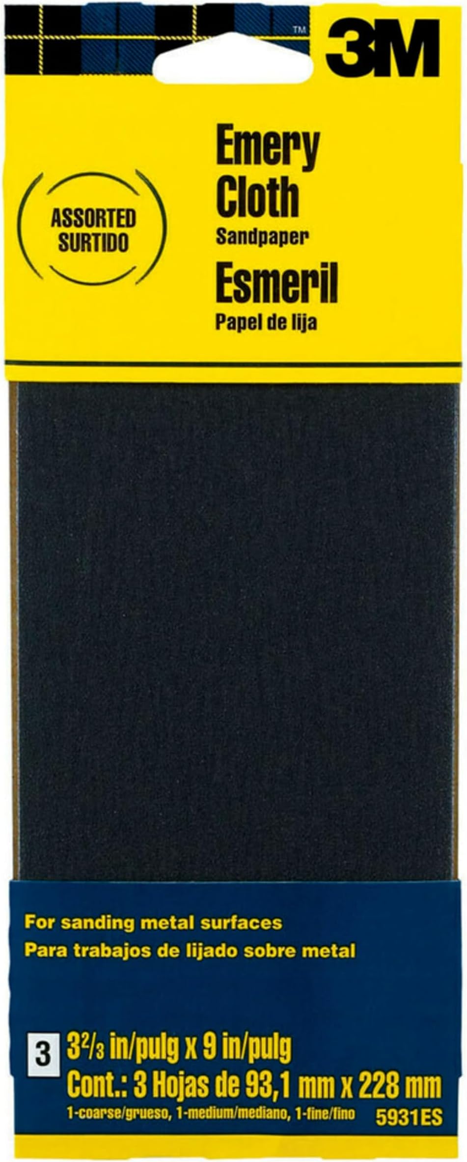 3M Emery Cloth Sandpaper, For Sanding Metal Surfaces, 3 Sheets, 3.67-in x 9-in, Assorted Grit Abrasives, Cloth Backed Sanding Paper, For Light Rust Removal & Cleaning, Light Metal Polishing (5931)