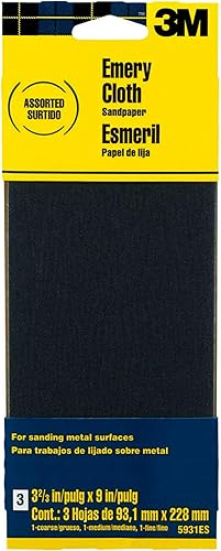 3M Papel de lija de tela Emery, para lijar superficies metálicas, 3 hojas, 3.67 x 9 pulgadas, abrasivos de grano surtidos, papel de lija con