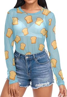 Mesh Top Women Long Sleeve Toast Bread Trendy Sheer See Through Shirt Tops S-2XL