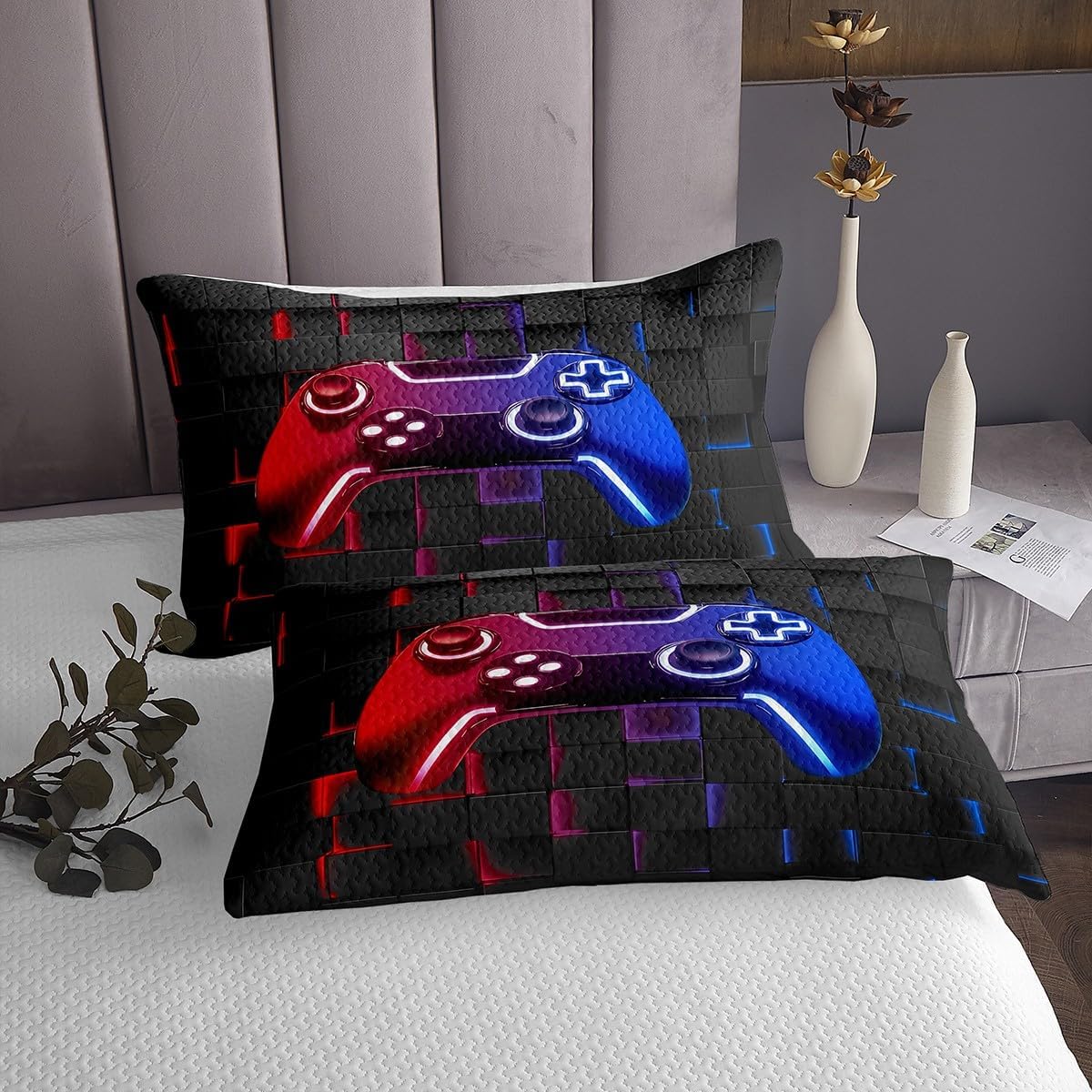 Castle Fairy Gaming Gamepad Bedspread Twin Size Bedding for Kids Teens Bedroom 3D Videogames Controller Decor Coverlet Set Neon Red Blue Quilt Set for All Season,2 Pcs with 1 Pillowcase