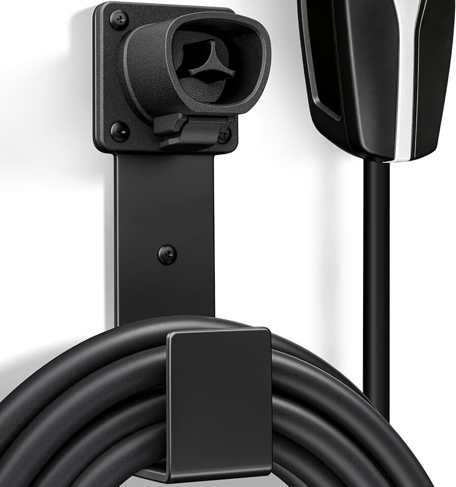 EV Charger Holder - Tesla Connector, Nozzle Holster Dock and J-Hook Combination, EV Cable Holder Wall-Mount Electric Vehicle Charger
