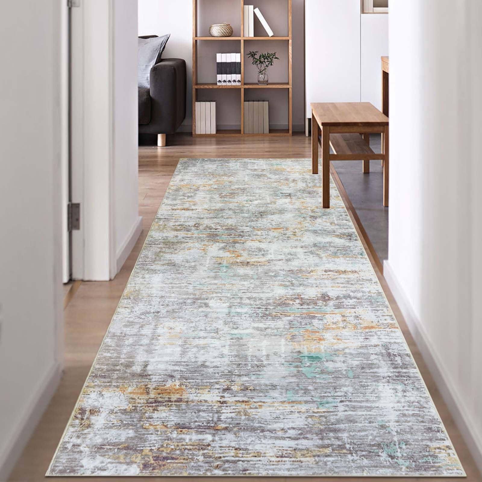 Famibay Hallway Runner 80x200cm Carpet Runners for Hallways Non Slip Hall Runner Colorful Grey Washable Runner Rugs Absrtact Modern Carpet Floor Runner for Hallway Entryway Bedroom Kitchen