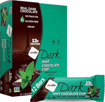 NuGo Dark Chocolate Mint Chocolate Chip, 13g Protein Bar, Vegan, Gluten Free, Non-GMO, Kosher Pareve, 12 Count