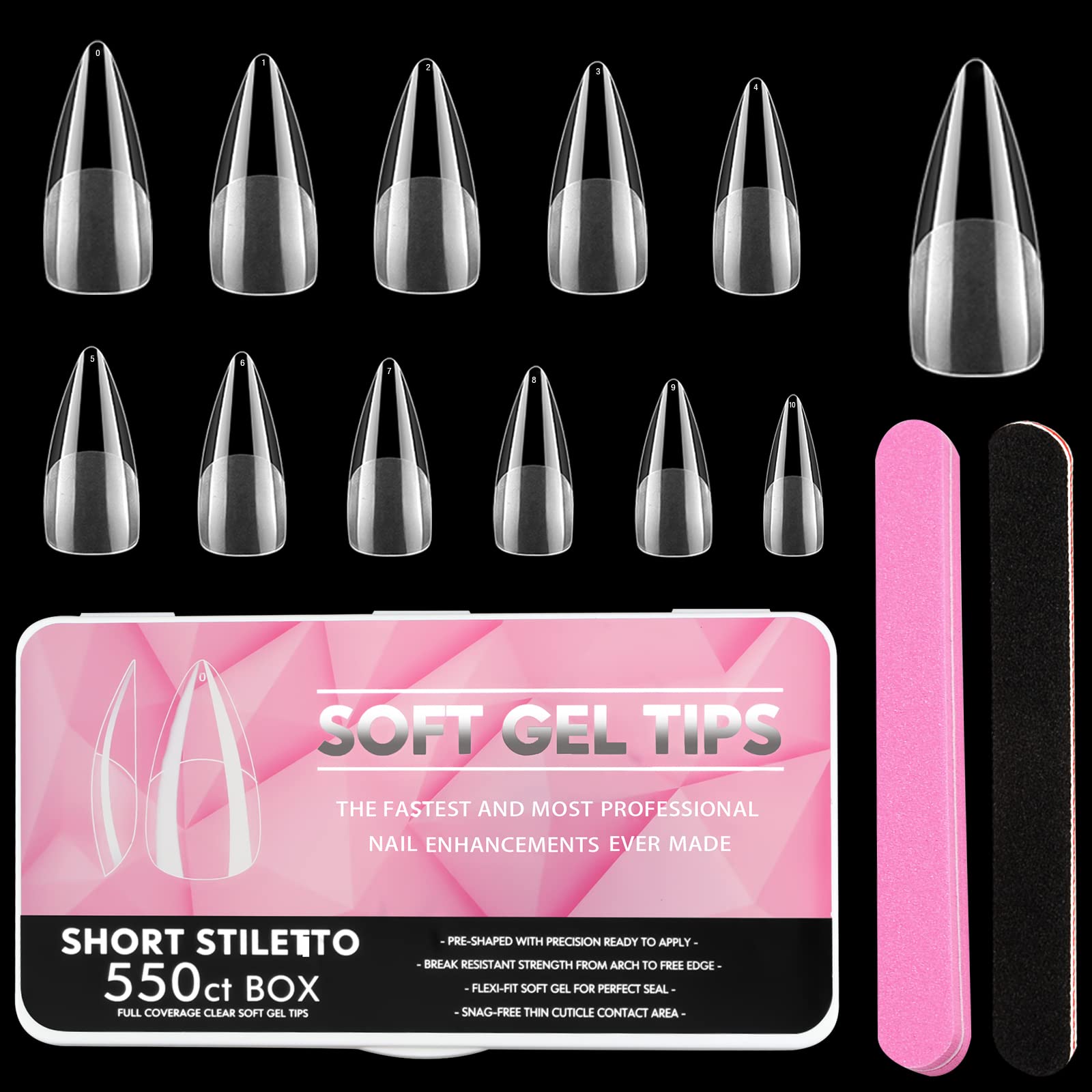 550PCS Nail Tips Extension Kit Sanding Strip Pre-Buff,Clear Acrylic Nail Tips Kit Soft Full Cover Nail Tips, Fake Gel Tips Almond Shaped 11 Sizes