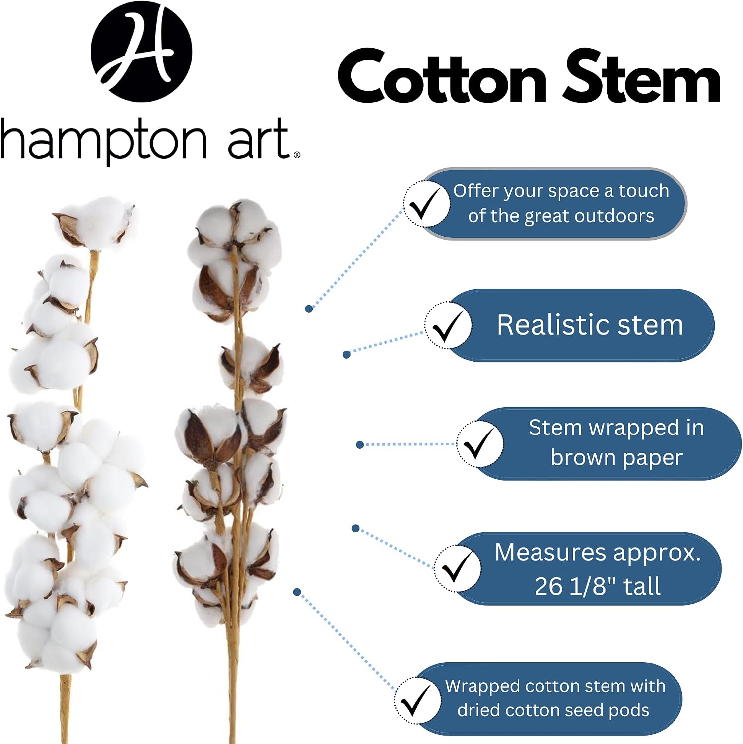 Hampton Art Cotton Stem Decor, Realistic Faux Cotton Stem with Dried Cotton Seed Pods and Wire Stems, Farmhouse Vase Filler, Approximately 26 Inch Tall