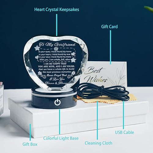 Miniatura 5 de YWHL Regalos para novia, romántico para mi novia, recuerdo de corazón de cristal con base LED colorida para novia, regalos de cumpleaños,