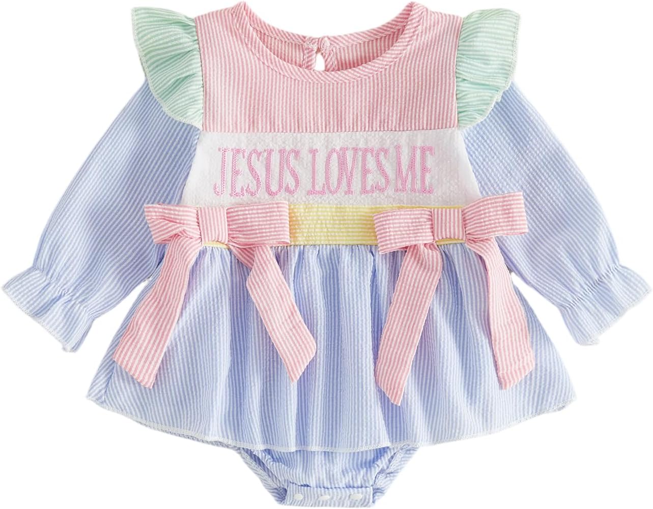 Baby Girl Baptism Outfit Jesus Loves Me Romper Dress Long Sleeve Onesie