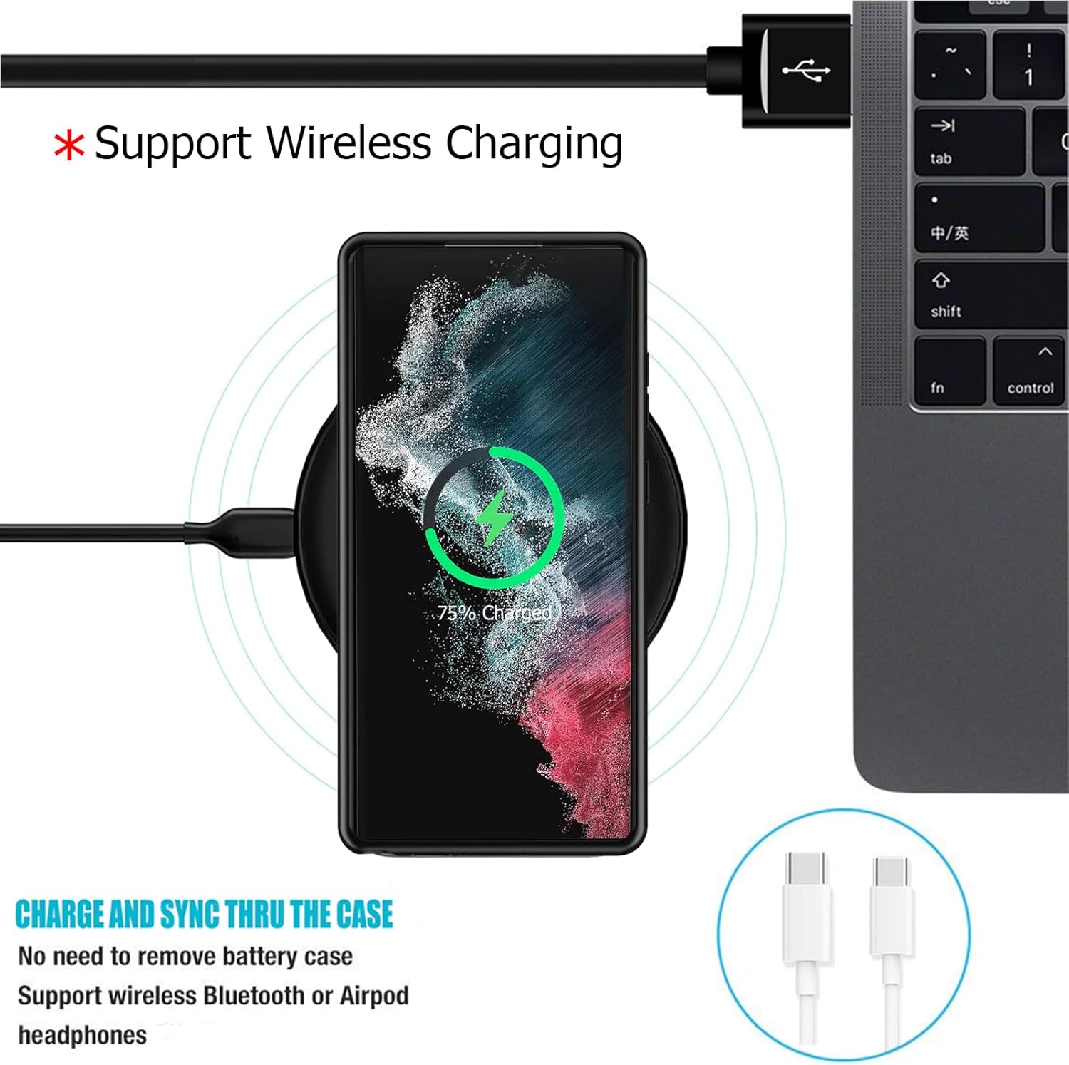 Battery Case for Galaxy S22 Ultra/S23 Ultra, [12000mAh] Slim Portable Protective Fast Charging Case Backup Power Bank Battery Case Compatible with Galaxy S22 Ultra/S23 Ultra-6.8 inch-Black