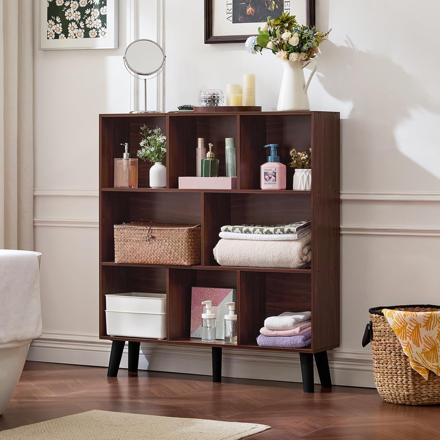 LEYAOYAO 8 Cube Bookshelf 3-Tier Bookcase with Legs, Mint-Walnut Kids Book Shelf Cute Storage Organizer, Large Open Toy Shelves Modern Bookshelves,Display Bookcases for Bedroom,Living Room,Nursery