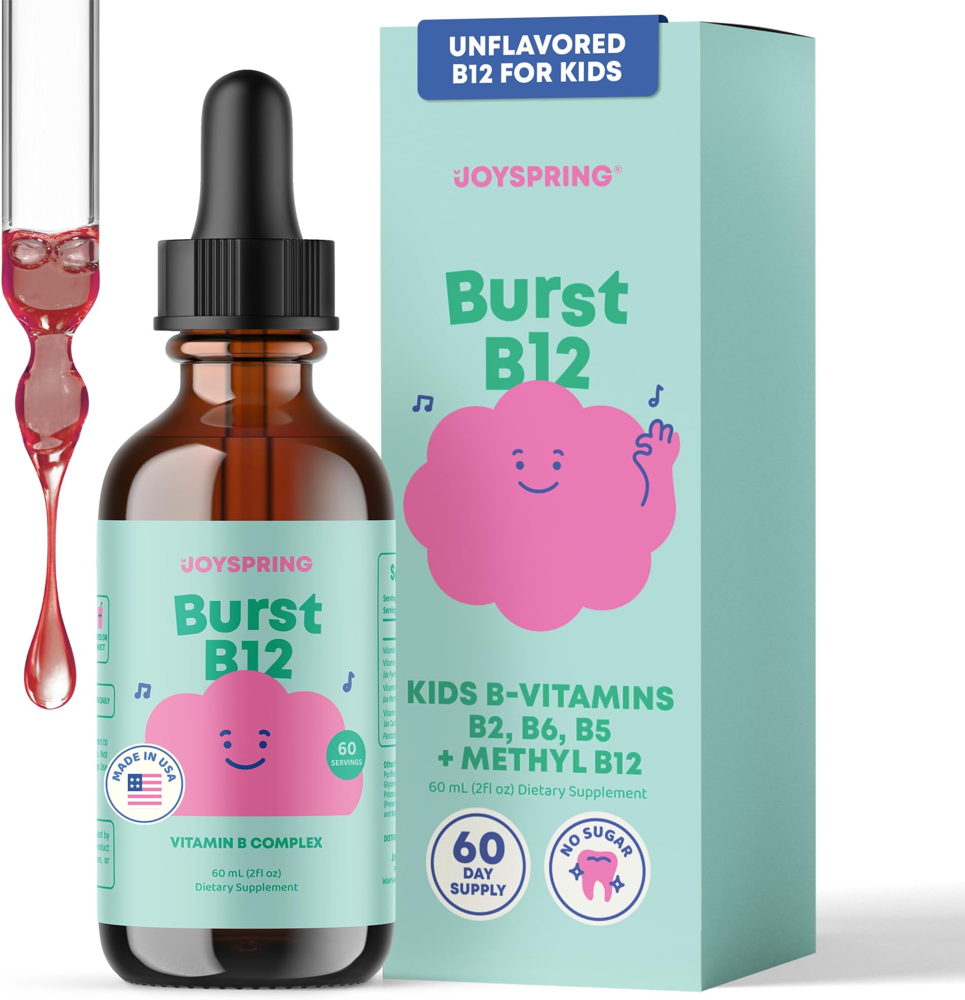 Burst B12 Drops - Vitamin B Complex for Kids with Methyl B12 Supplement to Support Healthy Growth & Development, Vegan Liquid B12 Drops, Ages 3-16+ | 2 fl oz (60 Servings)