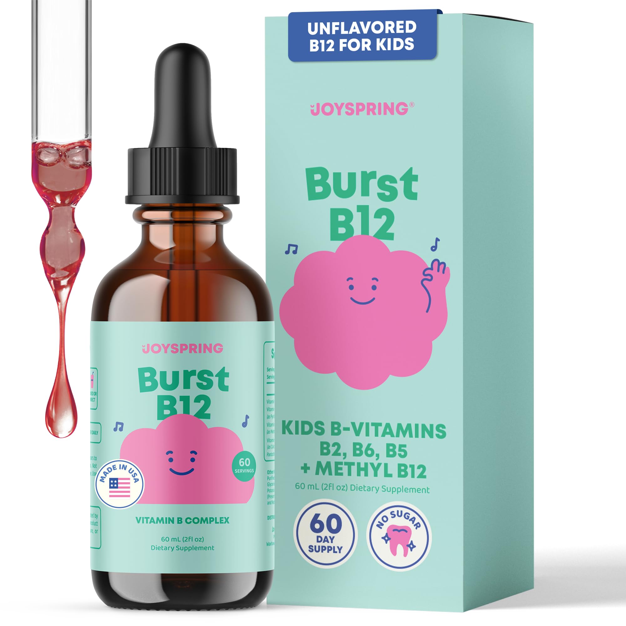 JoySpring Burst B12 Drops - Vitamin B Complex for Kids (2 fl oz) B2, B6, B5 + Methylcobalamin B12 Children Supplement to Support Healthy Growth & Development, Vegan B12, Ages 2-16+ | 60 Servings