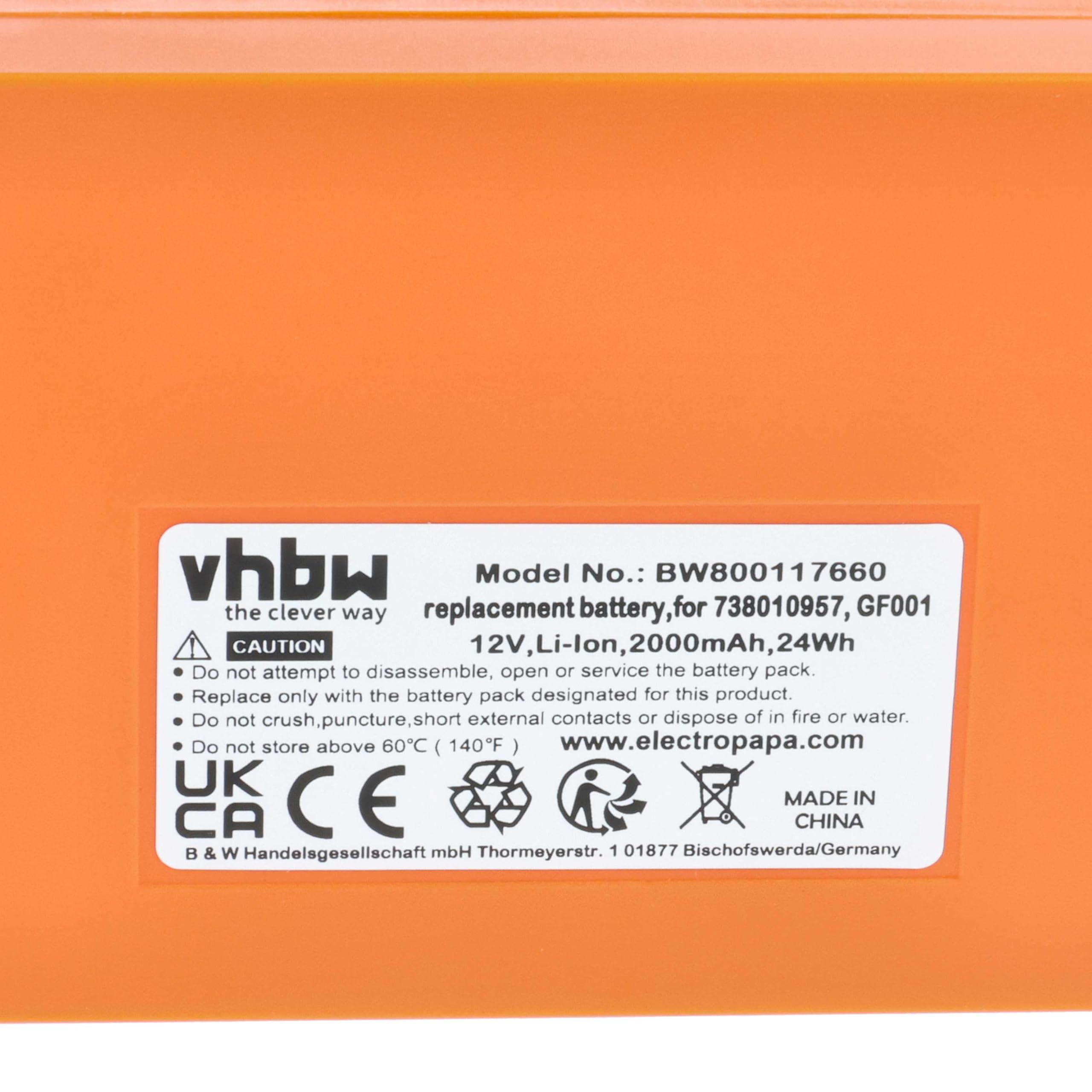 vhbw Batería reemplaza Gross Funk RGRO1215, GF001, 738010957, 100-000-134 para Mando a Distancia Industrial (2000 mAh, 12 V, Li-Ion)
