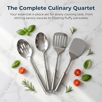 Stainless Steel Kitchen Utensil Set 4 Pieces, Essential Home Kitchen Gadgets Accessories Including Kitchen Ladles and Spatula Set, Complete Kitchen Utensils Set