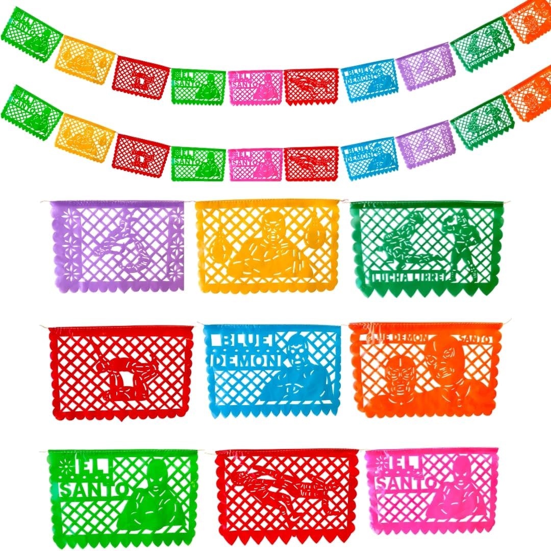 Lucha Libre Papel Picado Banner (PLASTIC, 2x15ft, 30ft total), Nacho Libre Party Decorations, Birthday Decorations (NEW DESIGNS AUGUST 2025)