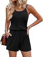 Ekouaer Women's Summer Ribbed Romper Jumpsuit - Sleeveless Scoop Neck, Adjustable Straps, Pockets, Casual Stretchy Fit