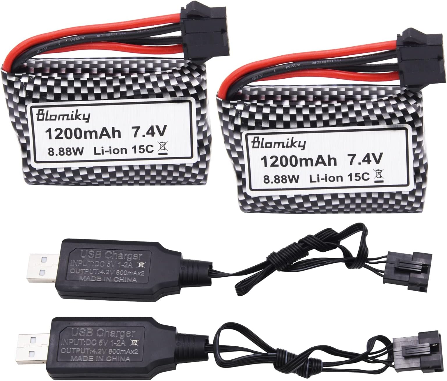 Blomiky 2 Pack 7.4V 1200mAh Li-ion Rechargeable Battery with SM-5P Plug and Charger Cable for R208 R308 2008 RC Boat R208 Battery 2